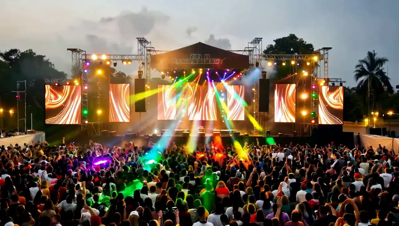 Sharpie beams and lasers sweeping over a packed open-air festival crowd in Mysuru